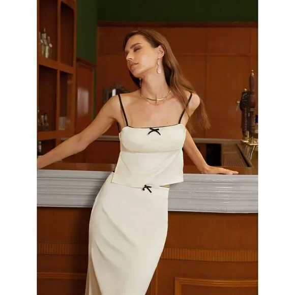 Commense Satin Elegant beige Spaghetti Straps and Bow Detail Maxi Skirt set S - Picture 5 of 15